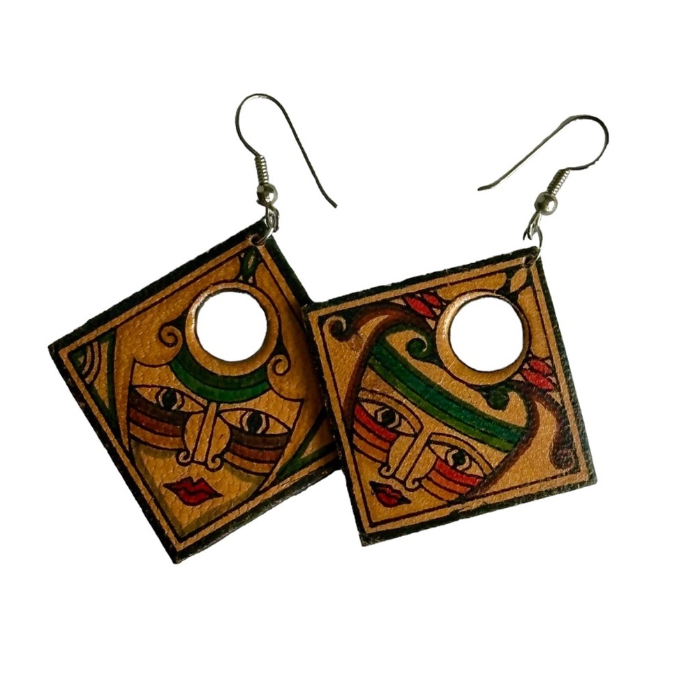Vintage Mexican Tribal Painted Face Leather Drop Earrings - Picture 8 of 10